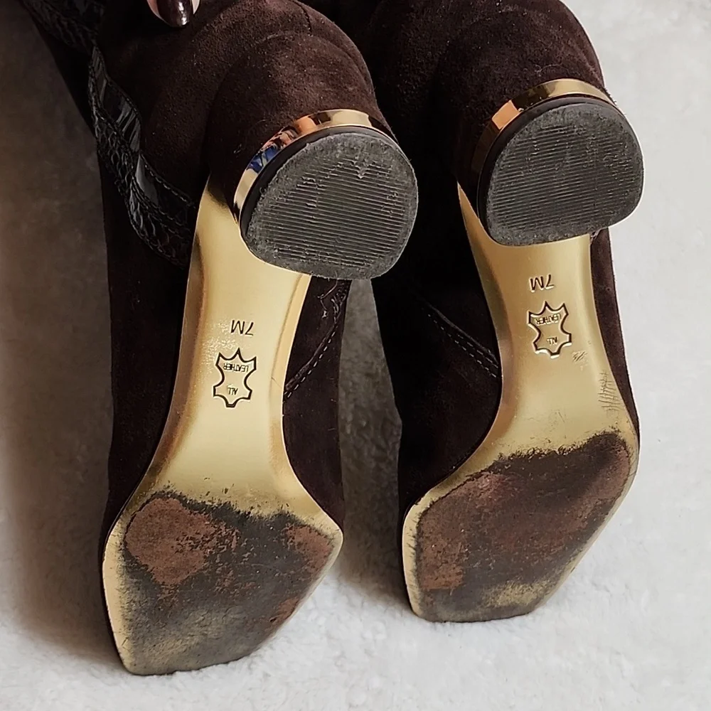 Tory Burch Uma Brown Genuine Suede Knee High Full Zip Trim Riding Boots Sz 7 - Picture 16 of 16